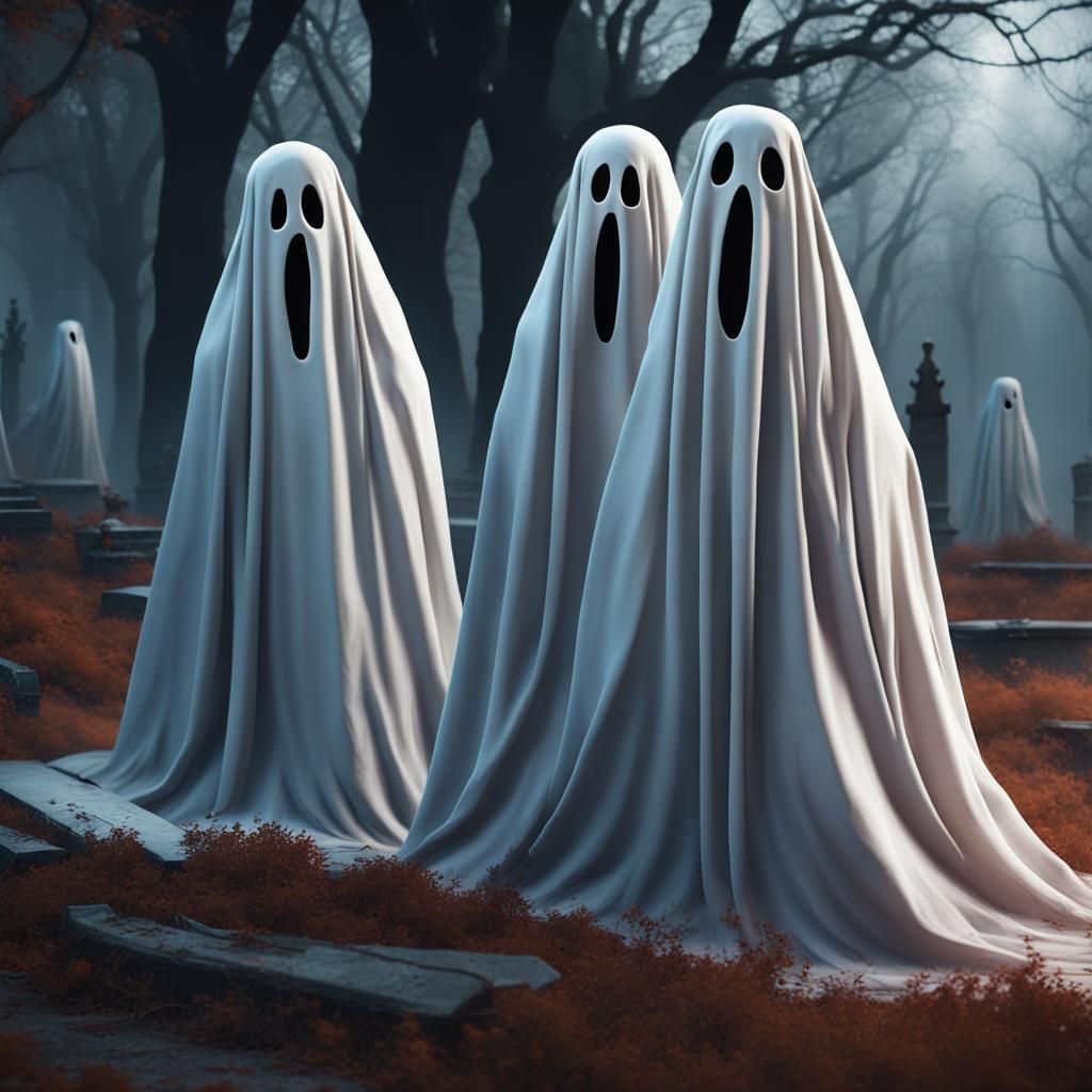 Funny Bed Sheet Ghosts in Graveyard: Matte Painting