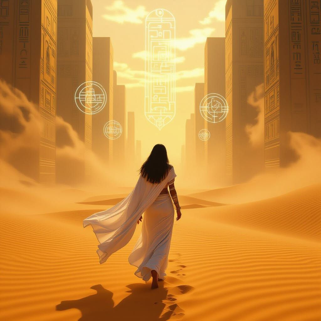 Ancient Priestess Emerges from Sandstorm into Neon Metropoli...