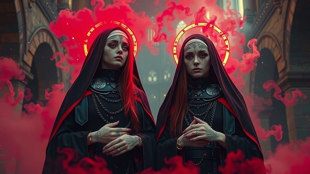 Gothic Nuns with Red Halos in Ruined Cathedral