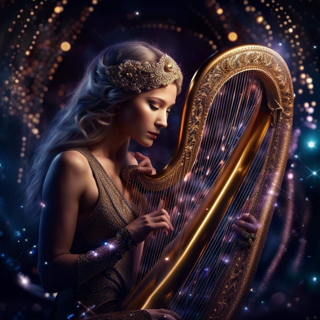 Glittering Harp Player in a Mystical Starlight Scene