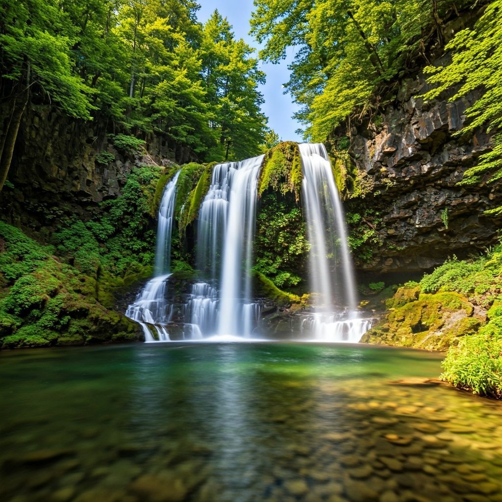 Photorealism. A waterfall flows down over the rocks and gree...