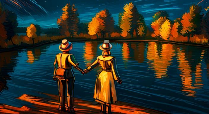 Robot Woman in Van Gogh Style by Lake