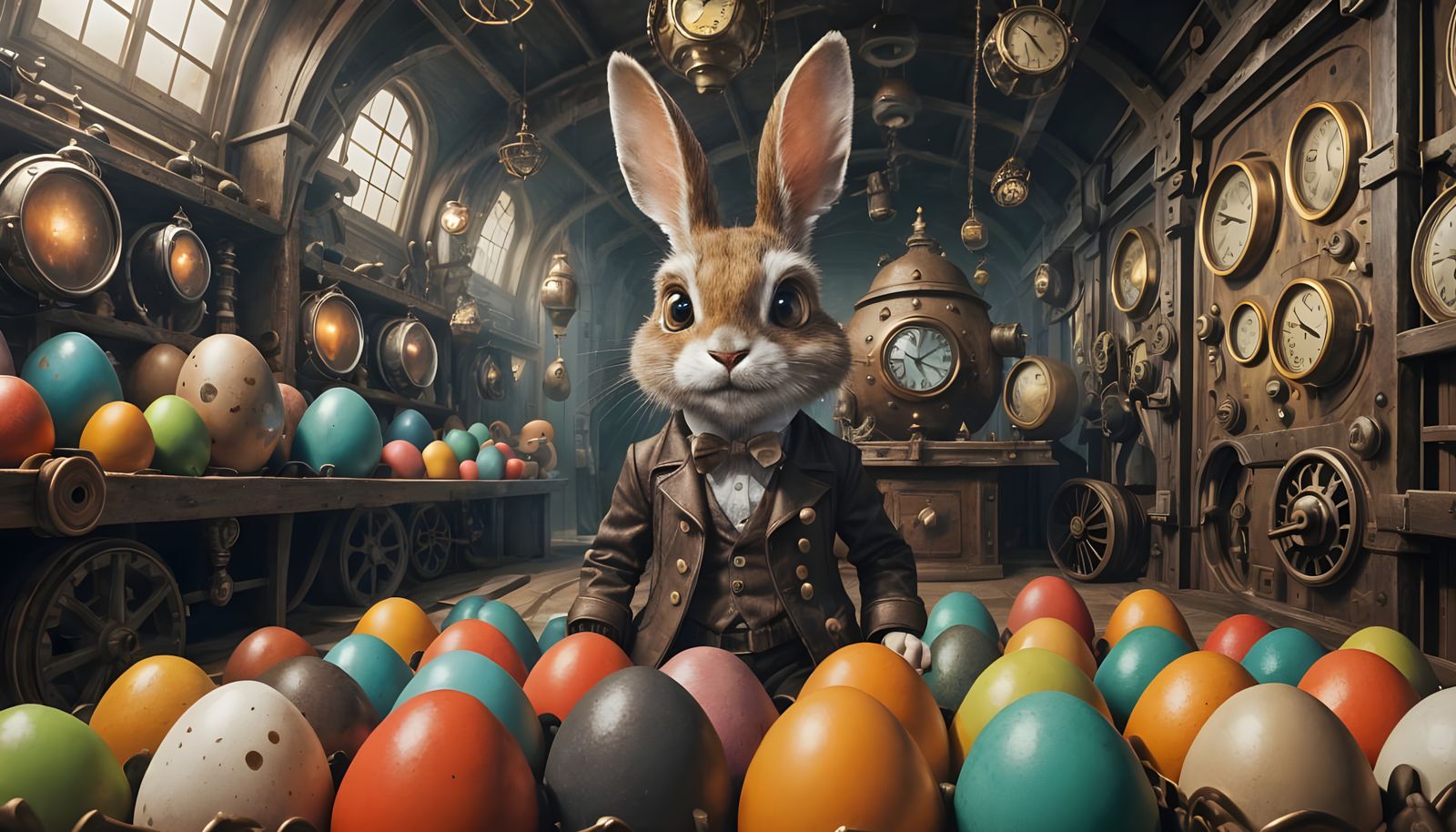 Steampunk Rabbit Surrounded by Whimsical Goblin Eggs