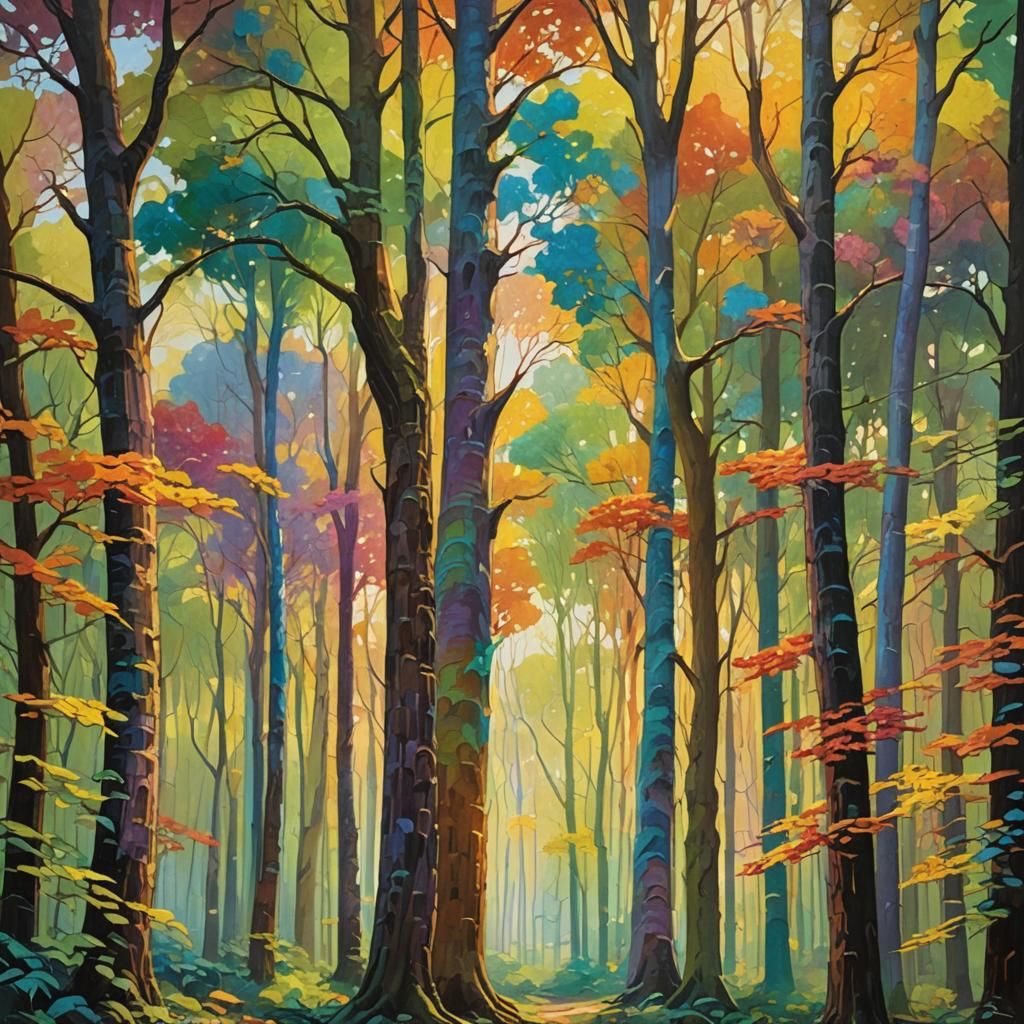 Rainbow Trees in Lush Forest, Impasto Oil Painting