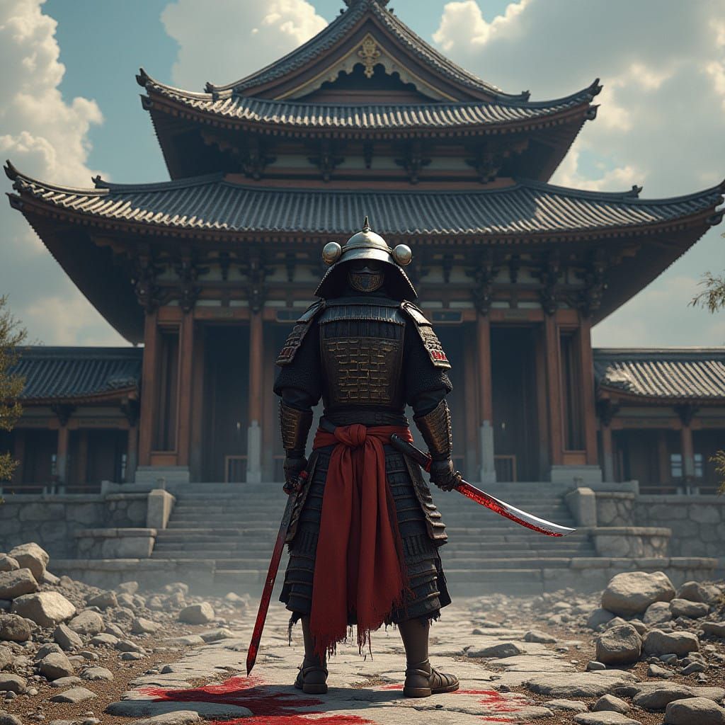 Triumphant Samurai Conquers the Ruins of a Japanese Temple