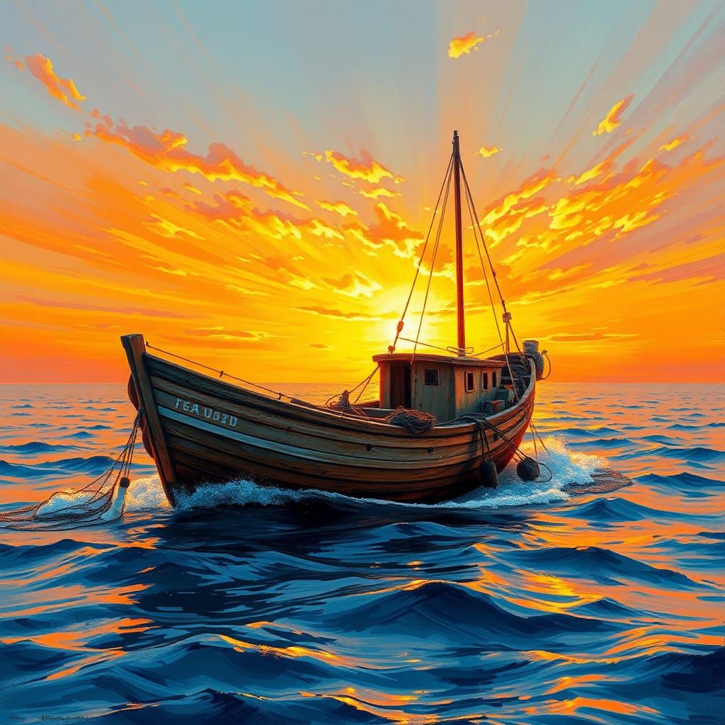Fishing Boat at Sunrise: Impressionist Style Seascape