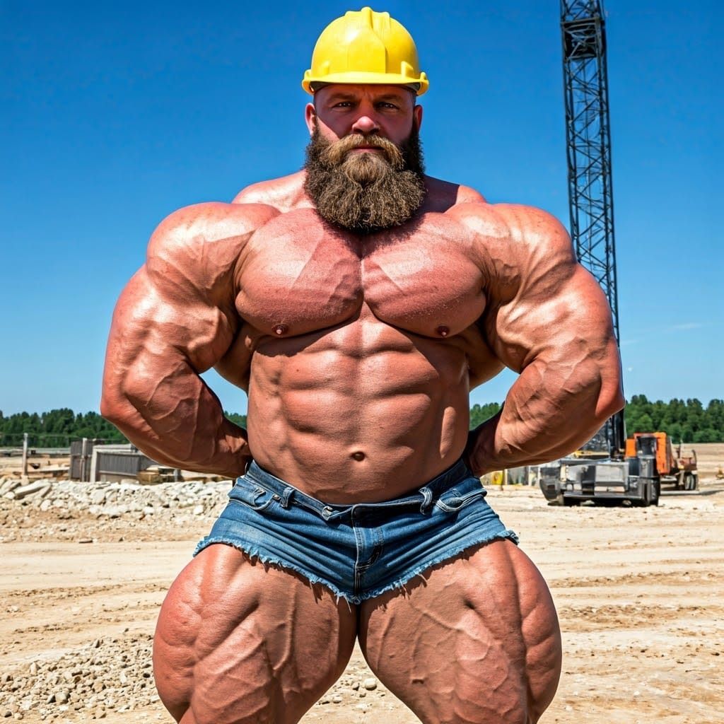 hyper muscular heavyweight bodybuilder construction worker w...