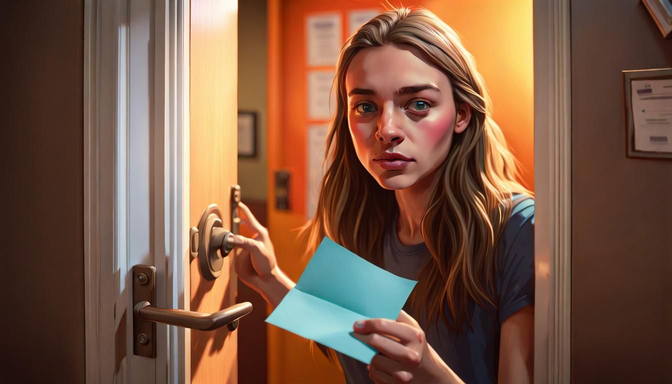 Hyperrealistic College Student at Dorm Room Door
