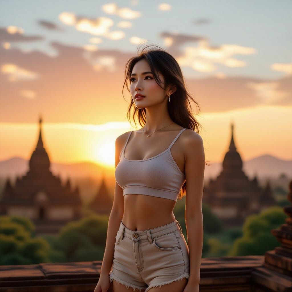 Beautiful Asian Woman in Bagan at Golden Hour
