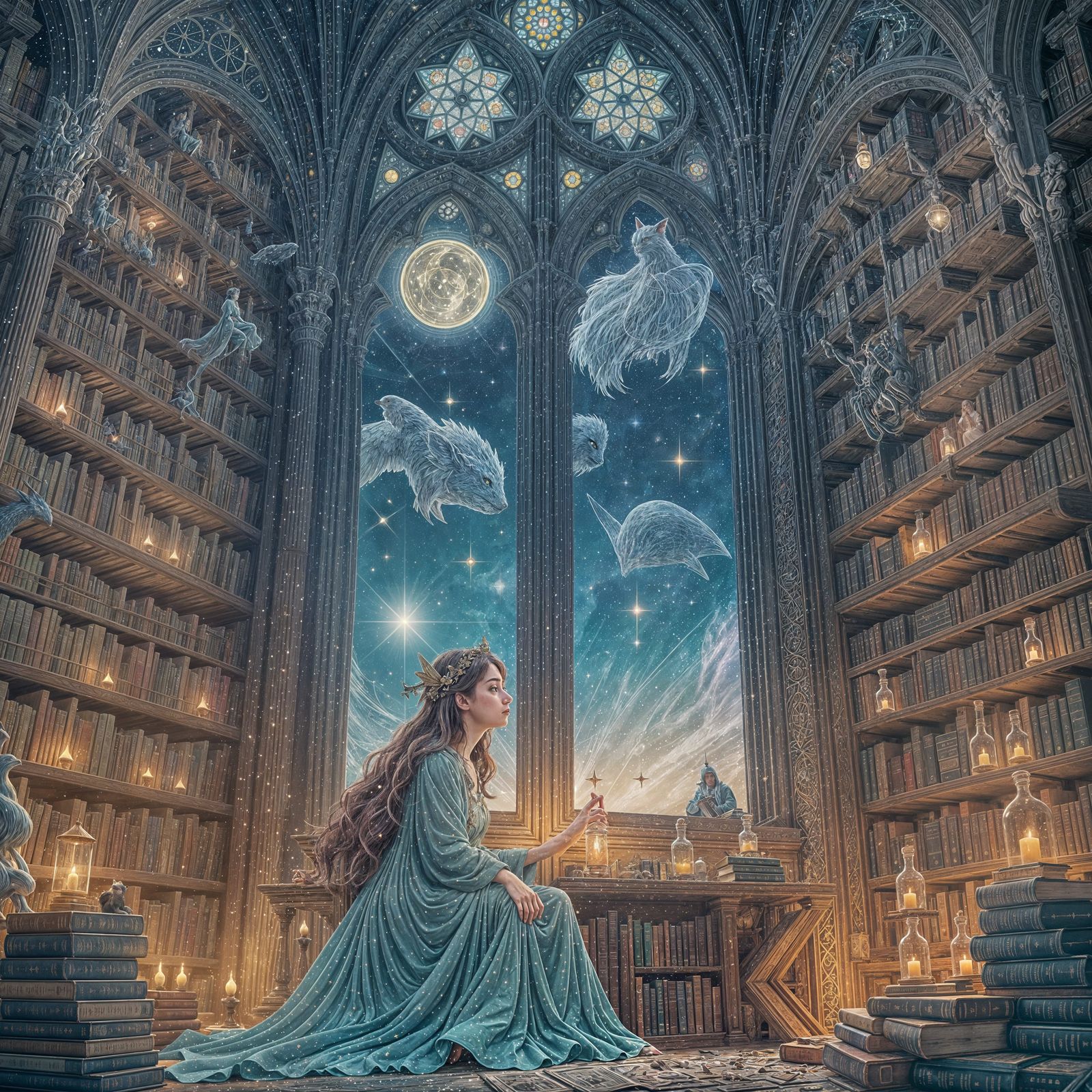 Celestial Librarian in a Starry Ghibli Library