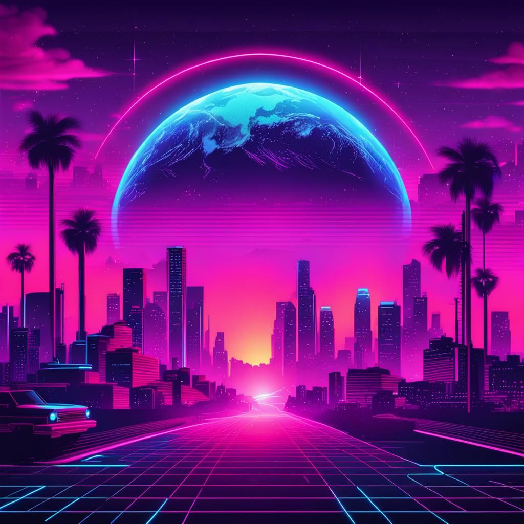 Synthwave Neon World in Retro Style