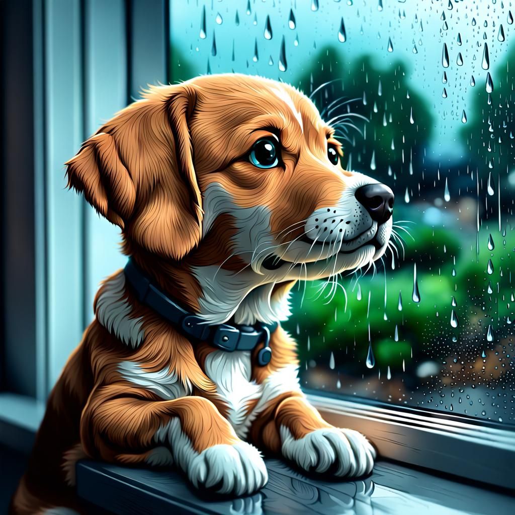 Sad Dog Looking Out Window in the Rain