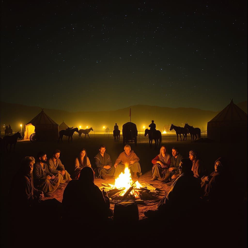 Medieval Nomad Encampment under Starry Night Sky