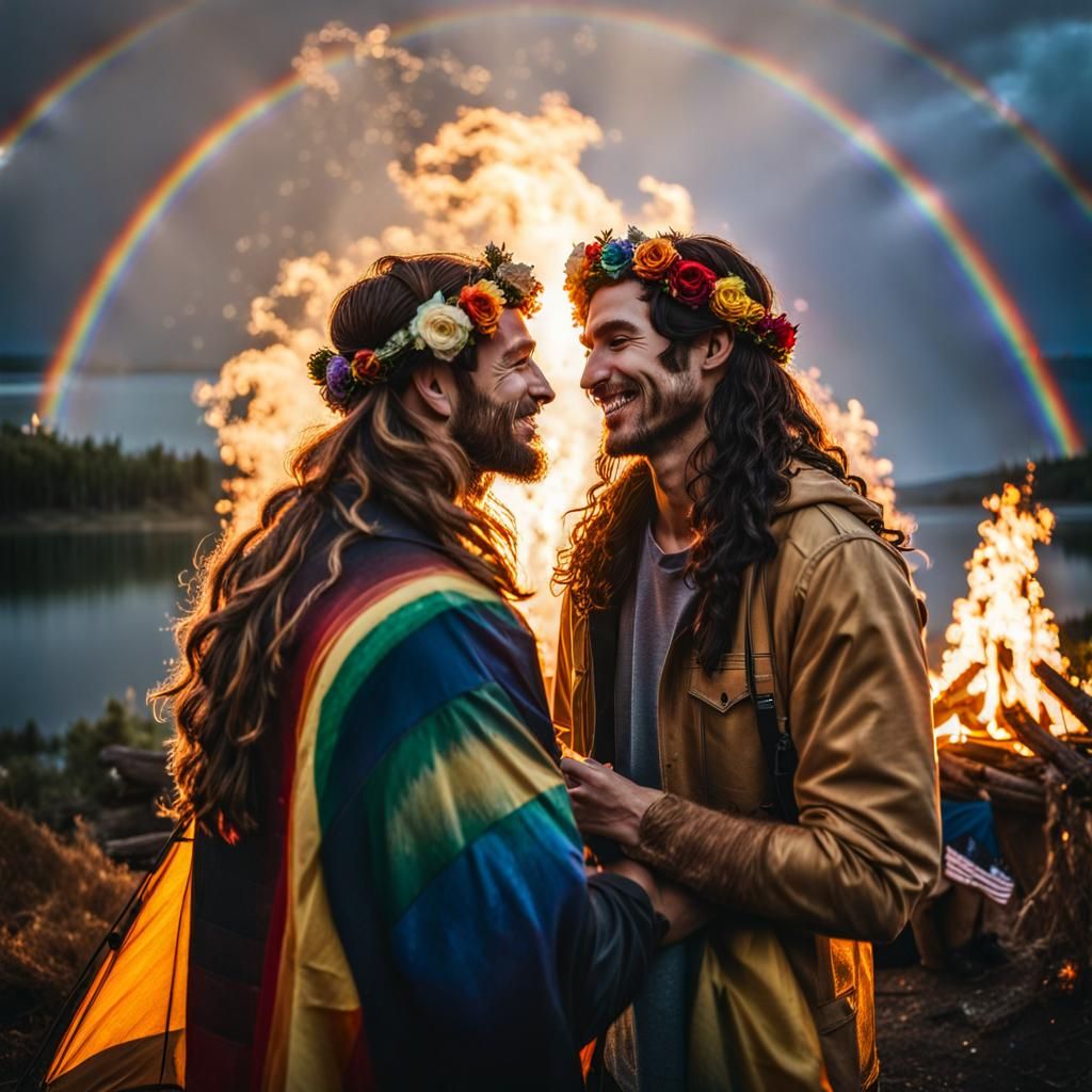 Young Men Camping with Rainbow Bonfire