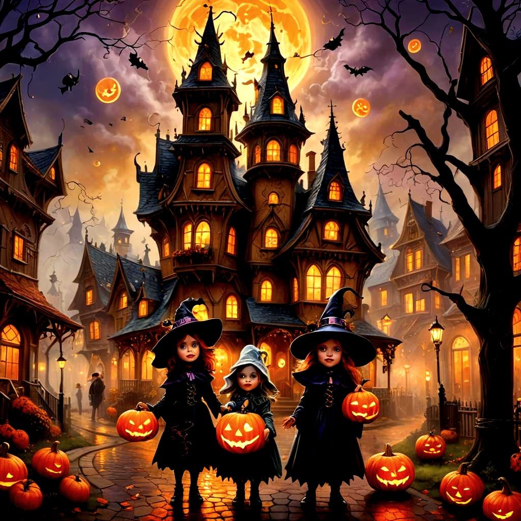 Adorable Baby Witches in Halloween Town: Hyperrealistic