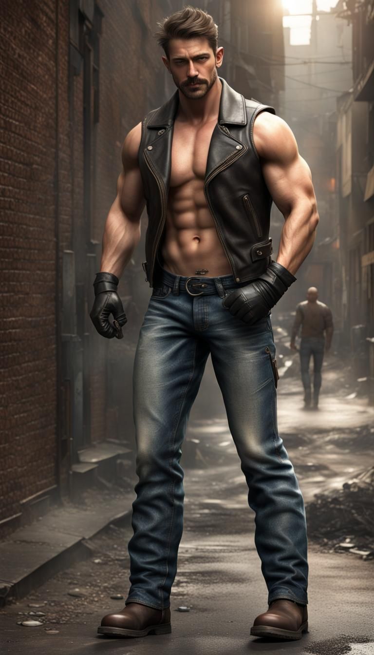 Hypermasculine Biker in Dim Alley: Detailed Matte Painting