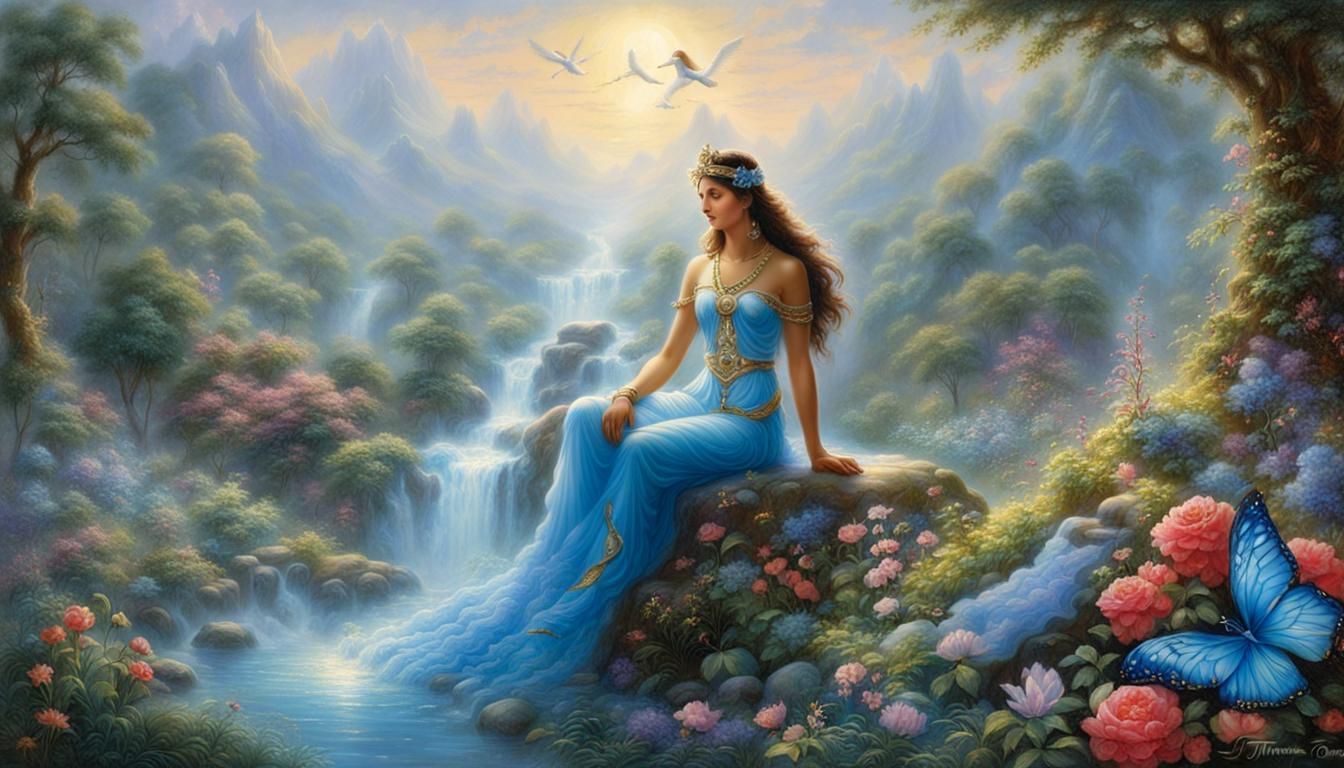 Blue Goddess Shakti in Ethereal Garden of Eden