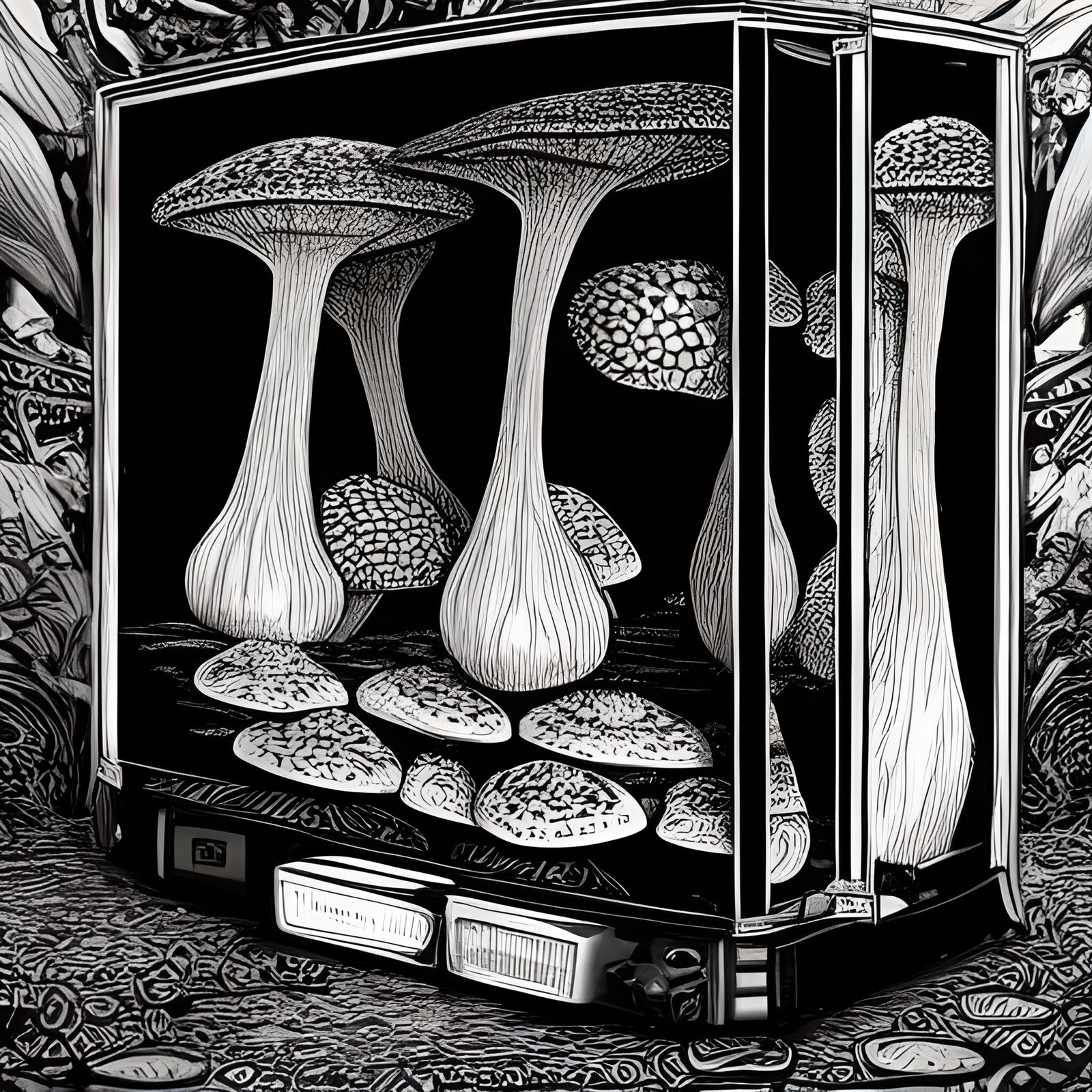 Giant Fly Agaric Mushroom Linocut in Glass Case