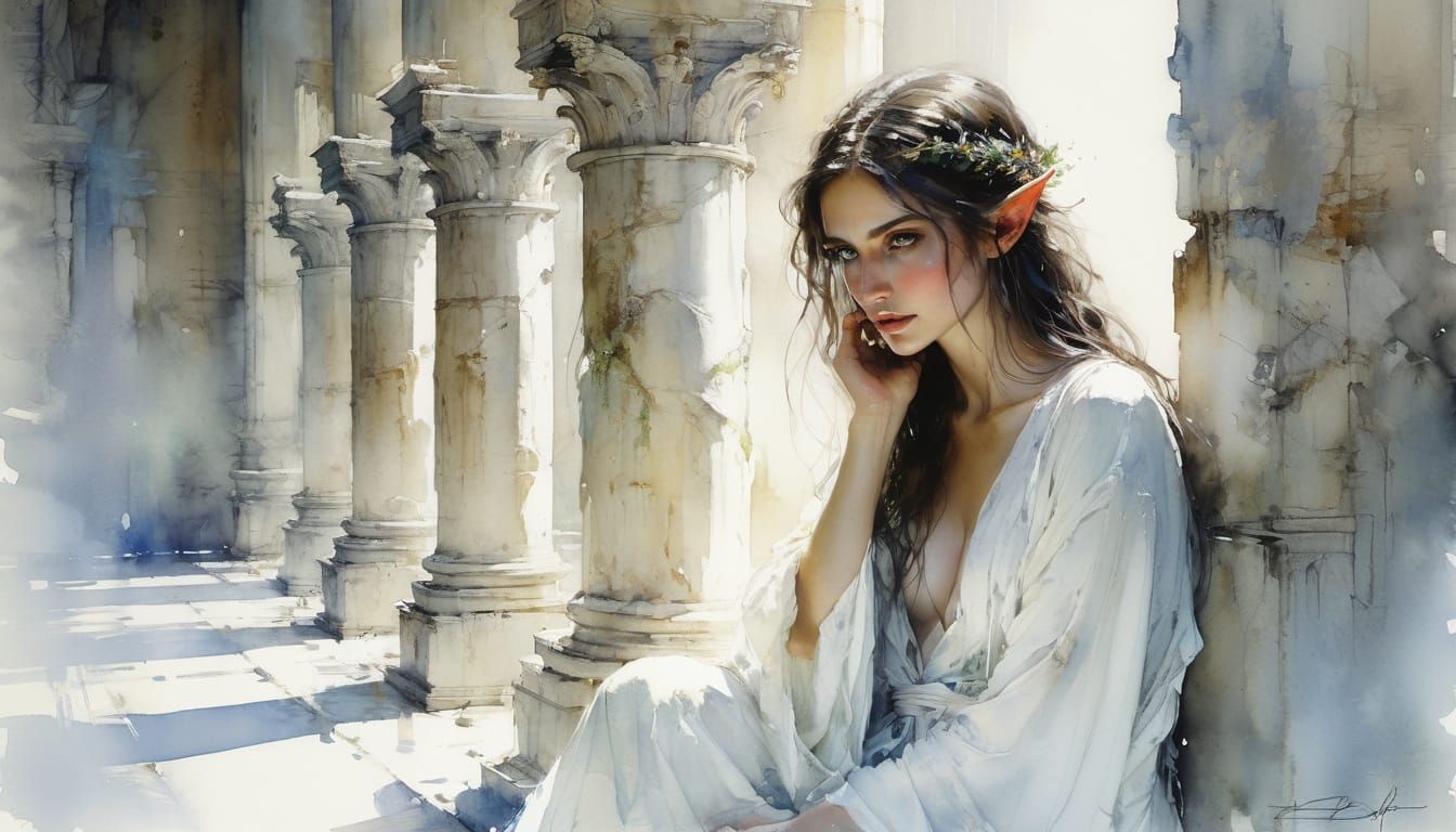 Elf Woman by Stone Columns in Watercolor Style