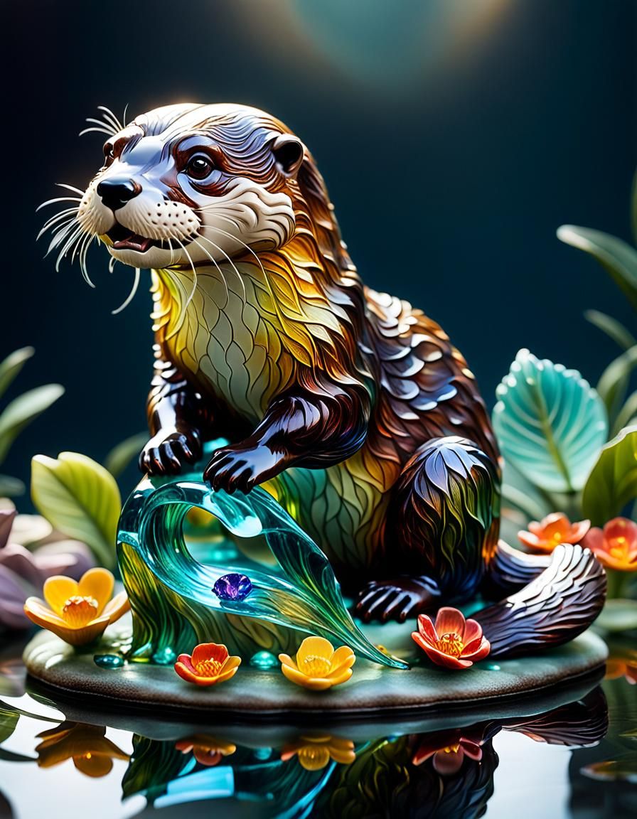 Hyperrealistic Enameled Glass Otter Figurine Macro Photograp...