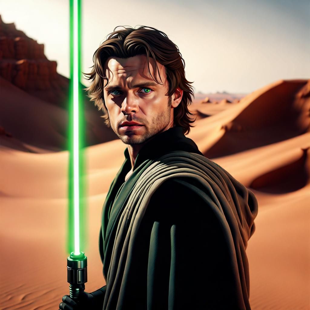 Young Jedi Knight with Lightsaber on Desert Planet
