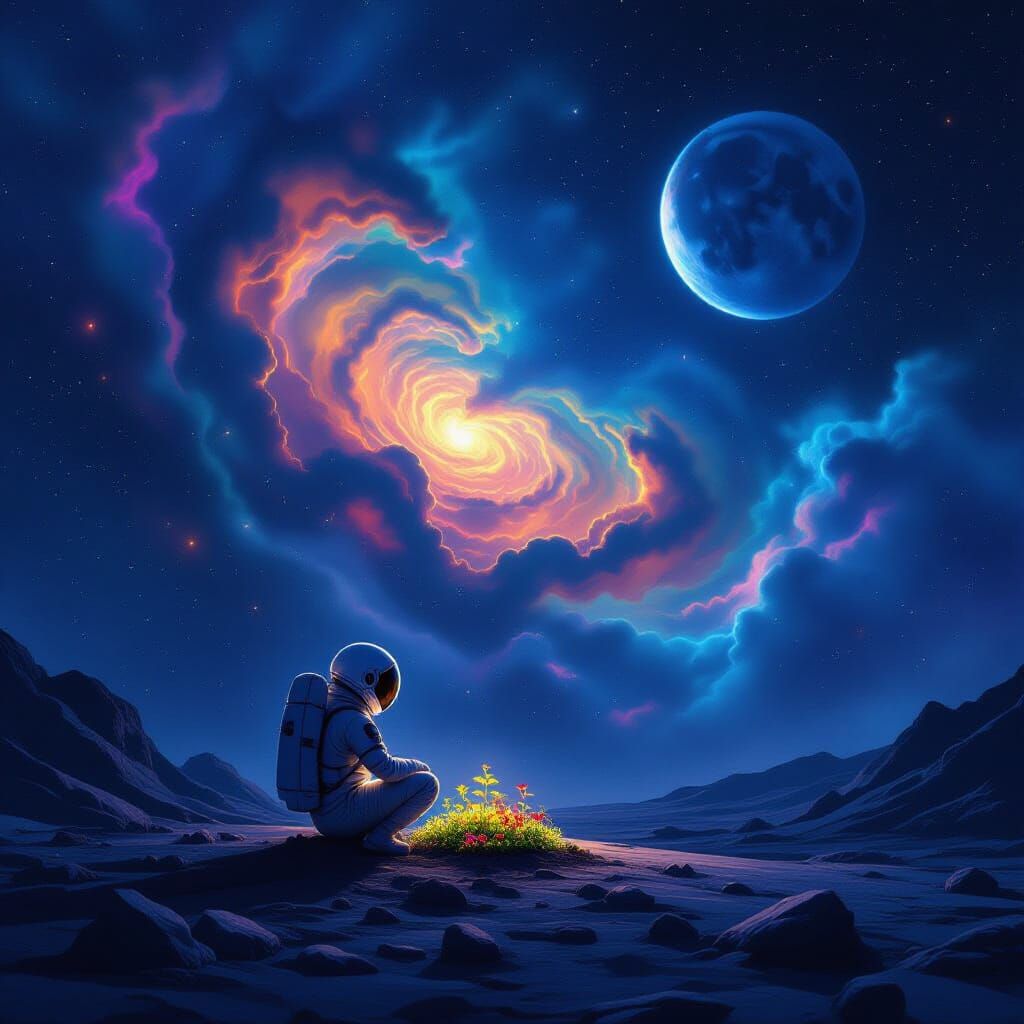 Astronaut Tends Vibrant Garden on Desolate Moon
