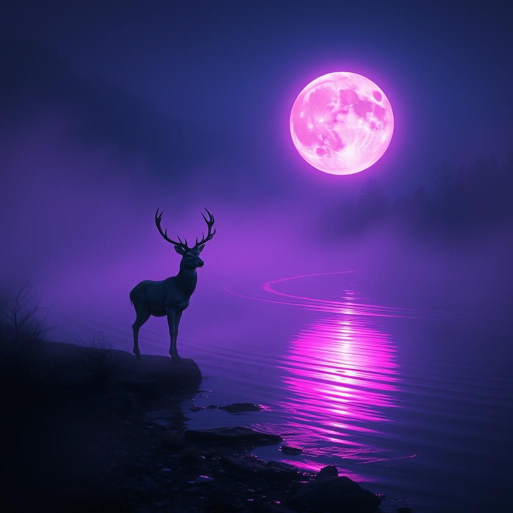Ethereal Deer in Purple Moonlight Reflection