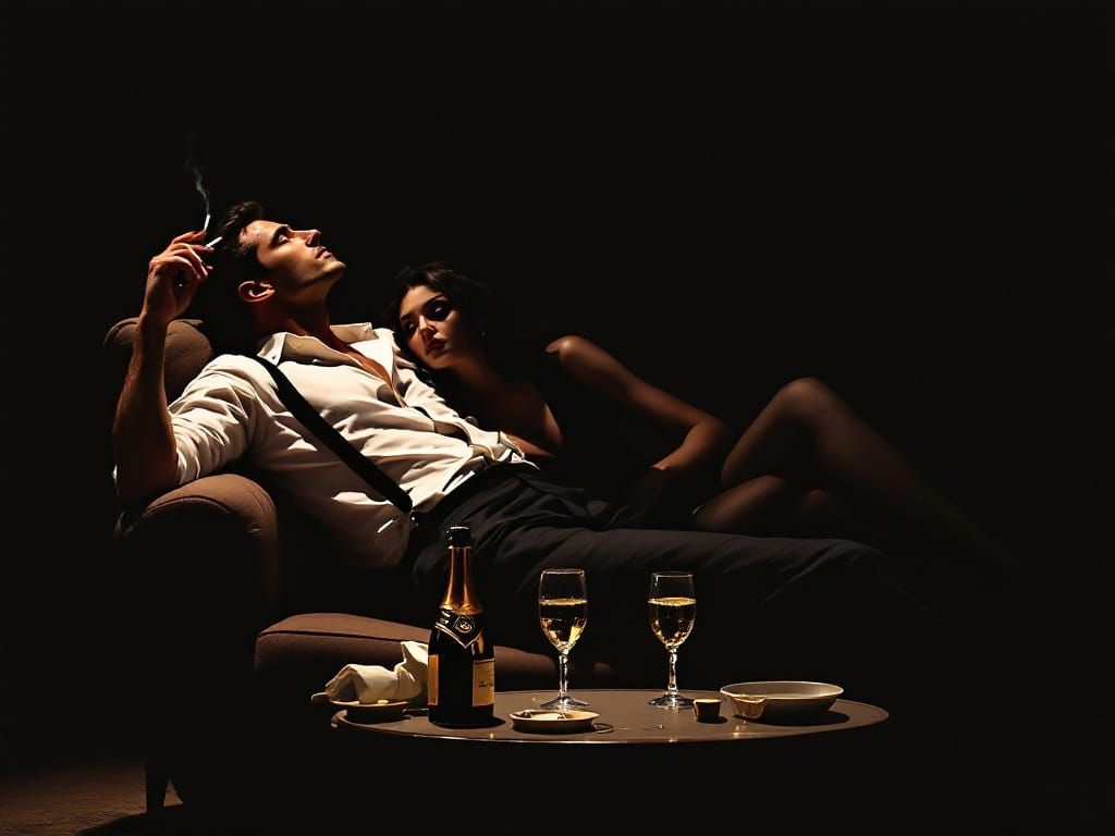 Moody Nighttime Scene with Two Figures in a Dimly Lit Room