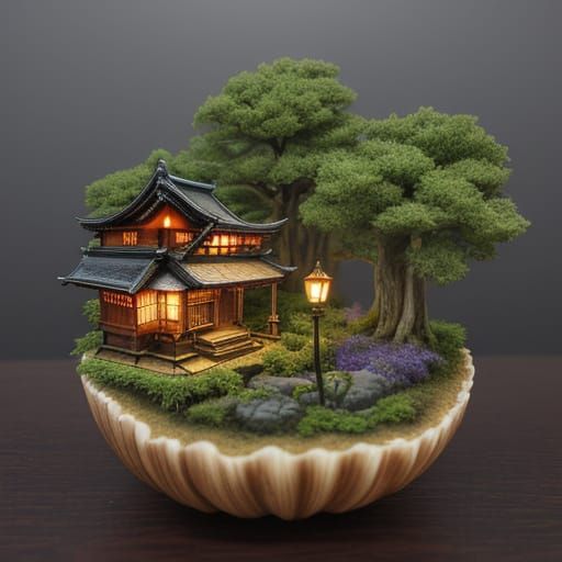 Fantastical miniature Tokyo hidden in a hollowed-out shell o...