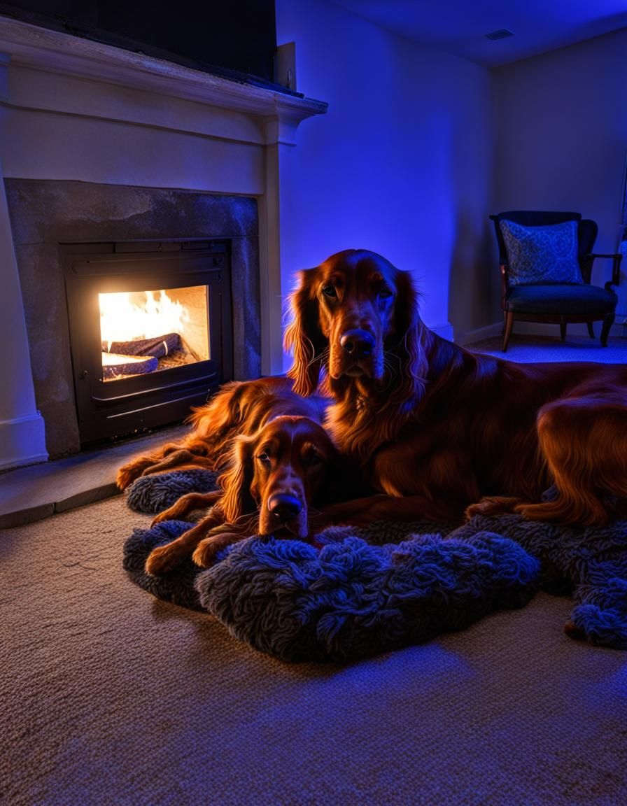 Two Irish Setters Cuddling by Fireplace