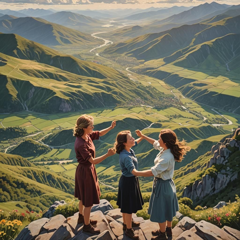 Women Embrace on Mountain Top Overlooking Landscape