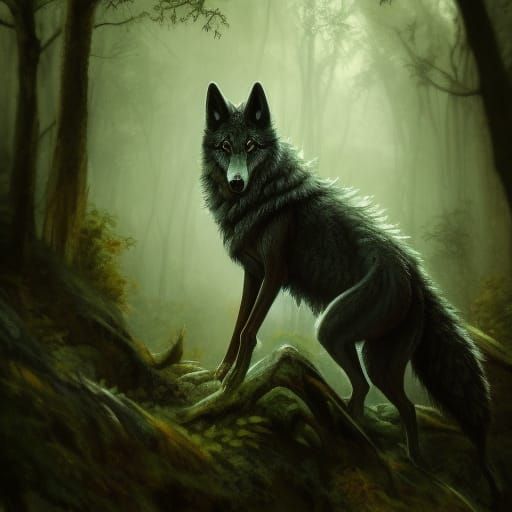 Dramatic Dark Wolf in Overgrown Autumn Forest