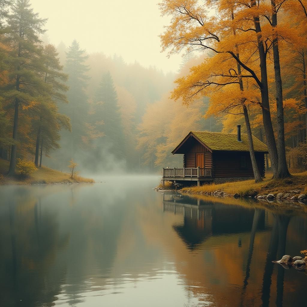 Autumn Forest Cabin Reflected in Lake