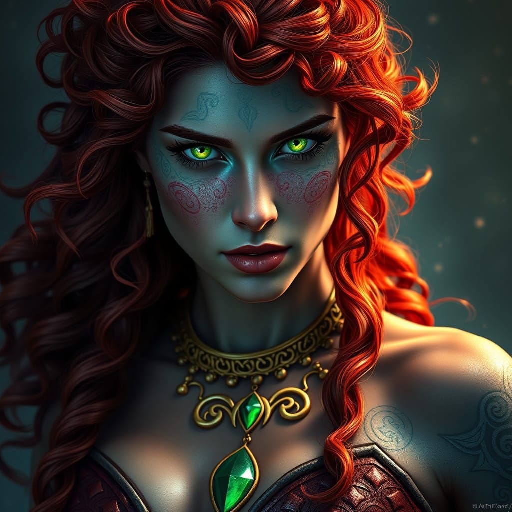 Celtic War Goddess with Woad Blue Skin and Intricate Knotwor...