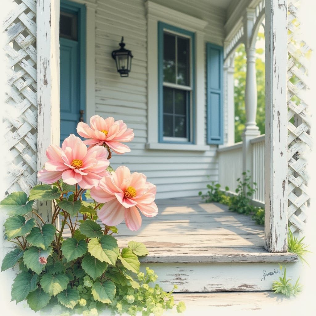 Delicate Pastel Begonia Blooms on Charming Porch