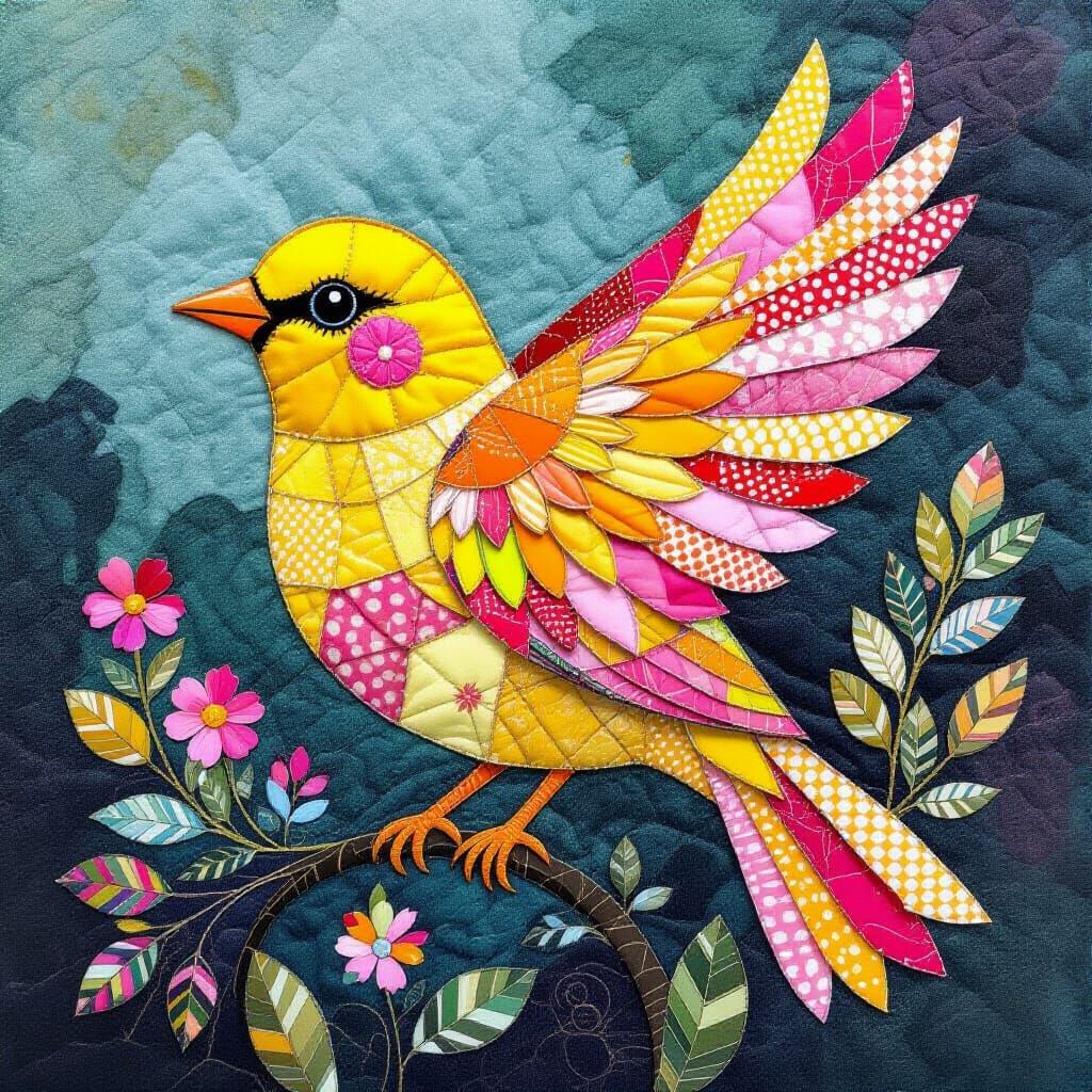 Whimsical Quilted Bird in Fairytale Style