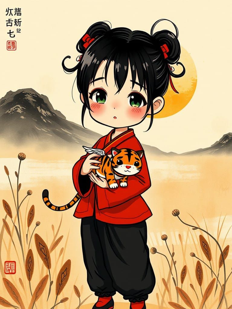 Adorable Girl in Traditional Chinese Attire Holds Mischievou...