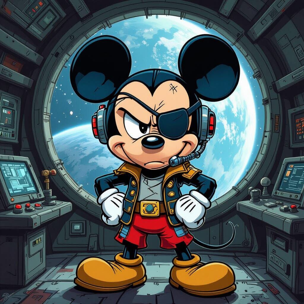 Grumpy Space Pirate Captain Cartoon Character in Retro Sci-F...