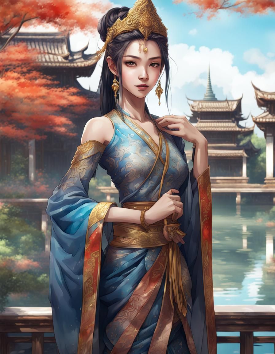 Thai Costume Manga Drawing in Watercolors