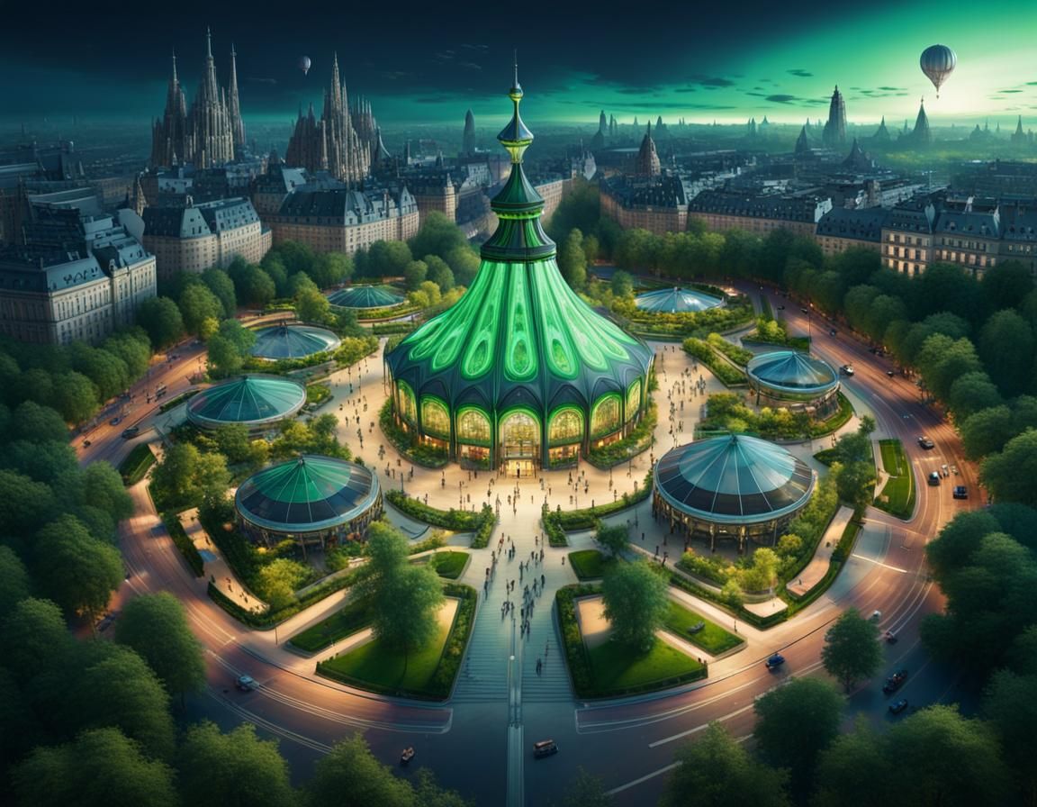 Luminous Gothic Cityscape with Carousel