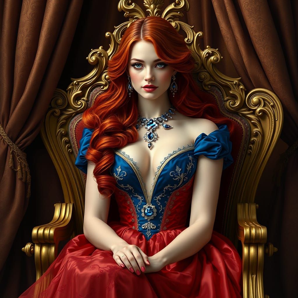 Elegant Crimson Queen Seated on Ornate Throne