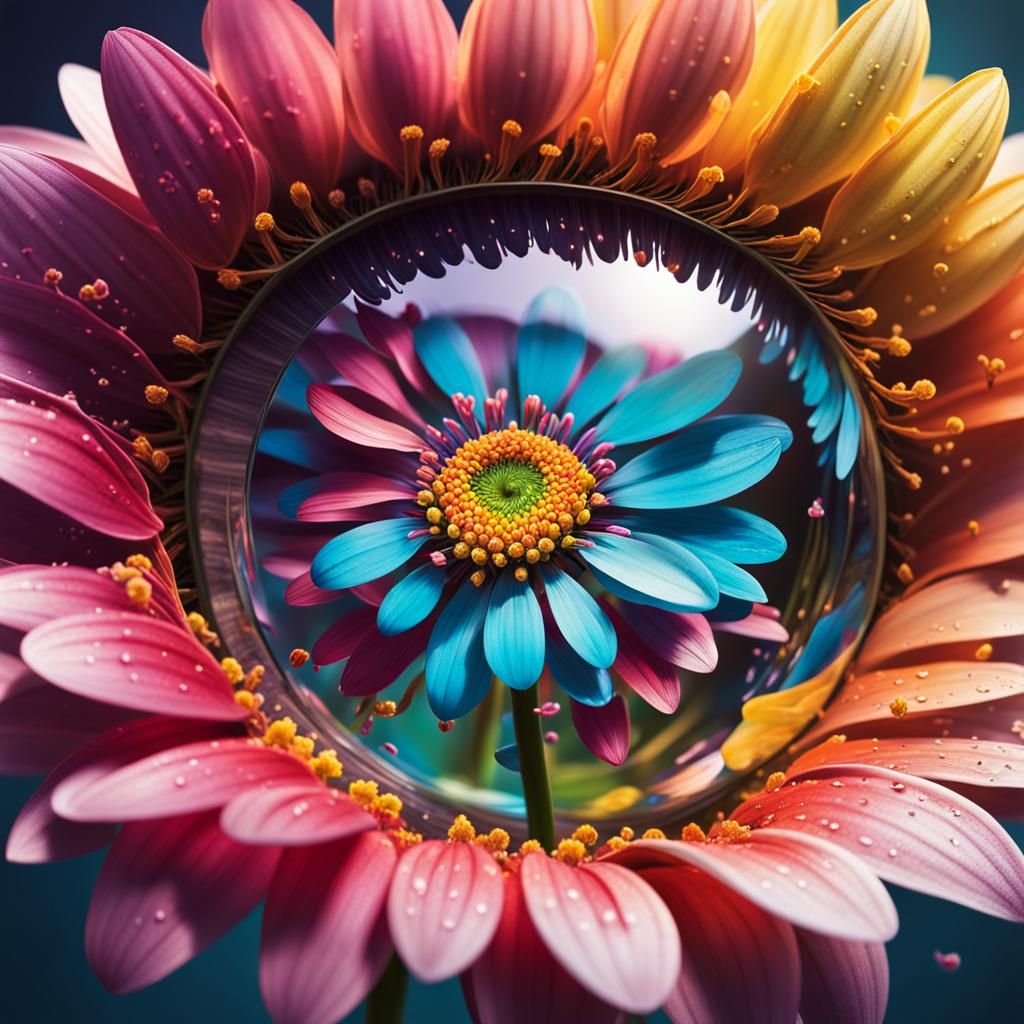 Magnifying glass observing a beautiful flower