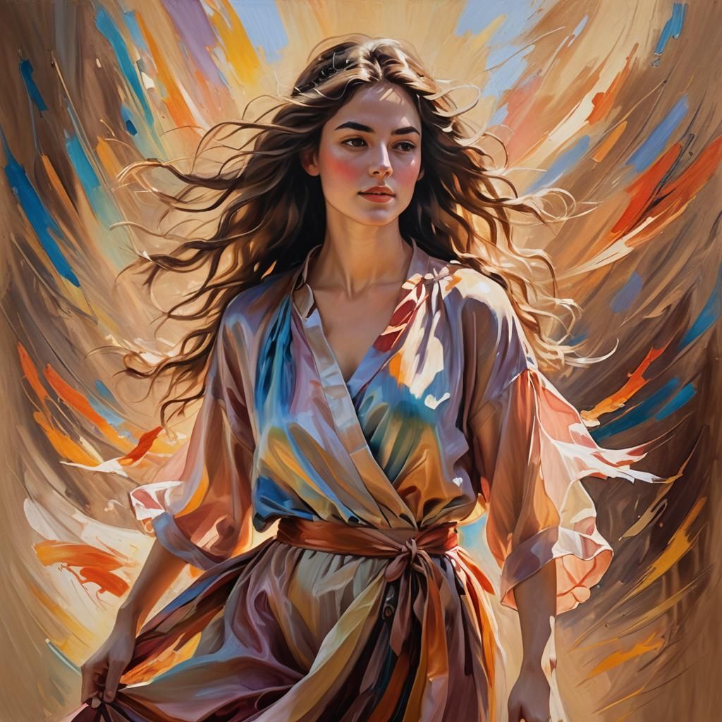 Young Woman in Flowy Attire: Vibrant Oil Painting