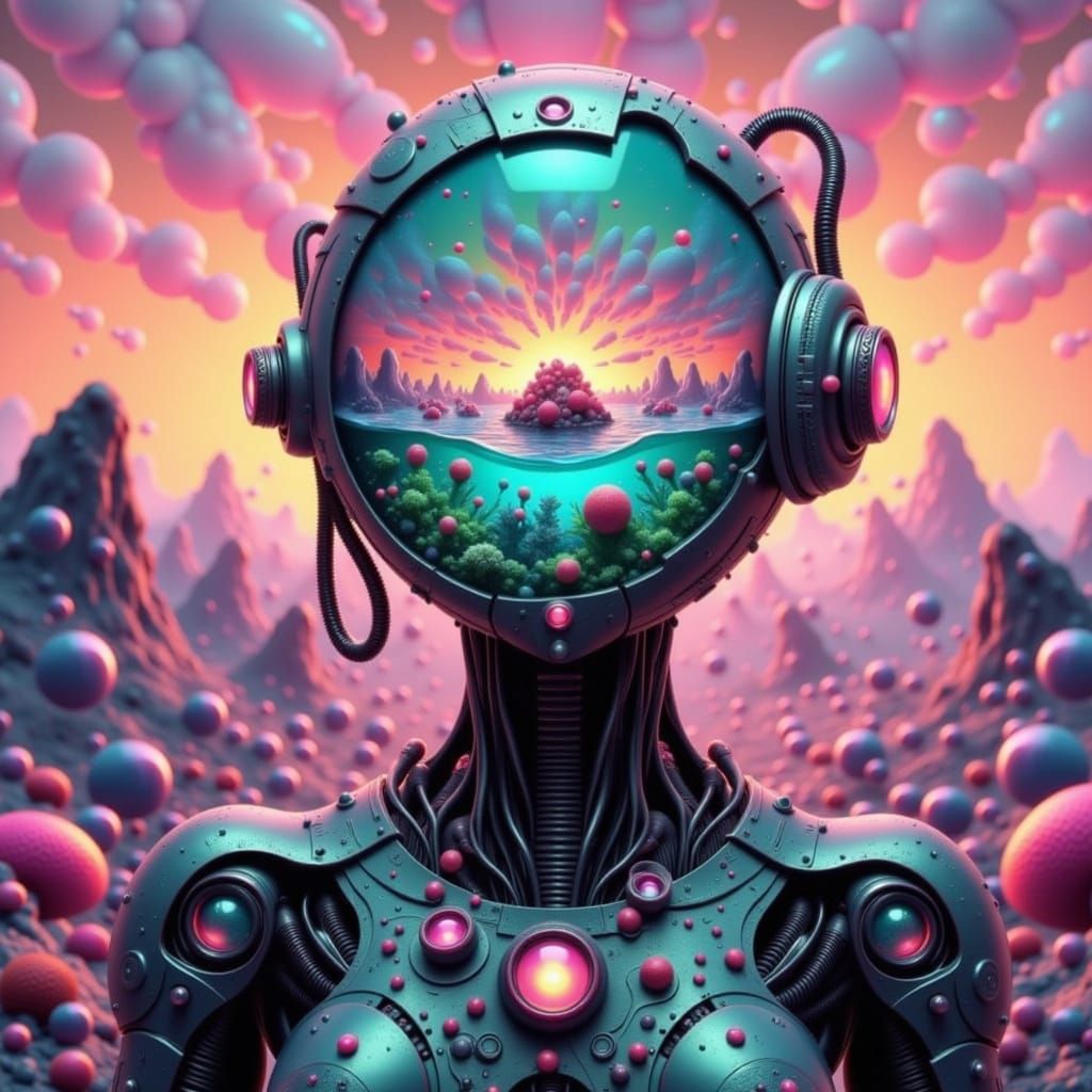 Futuristic Robot with Glass Head and Ocean Ecosystem