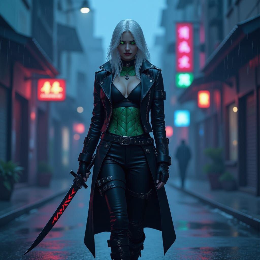 Cinematic Portrait of Female Dragon Demon Slayer in Neon Cit...