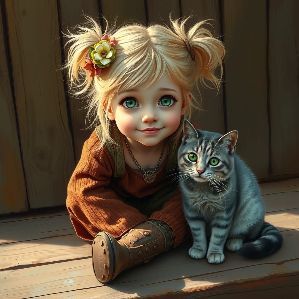 Oil Painting Portrait of a Blonde Girl with a Cat