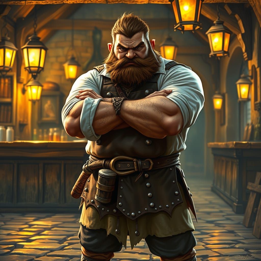 Battle-Scarred Dwarf Brawler Guards Tavern in Medieval Fanta...
