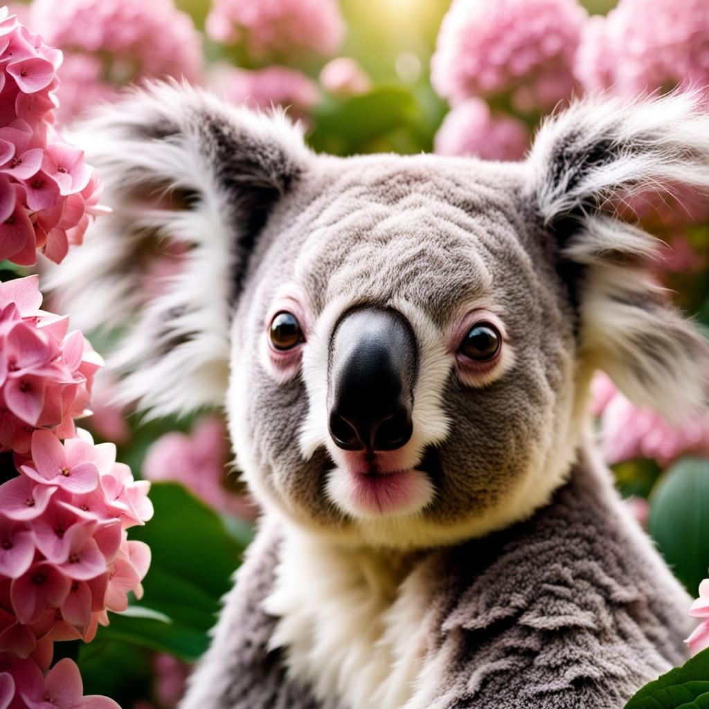 Cute Koala with Hydrangeas in Sunny 8k Resolution