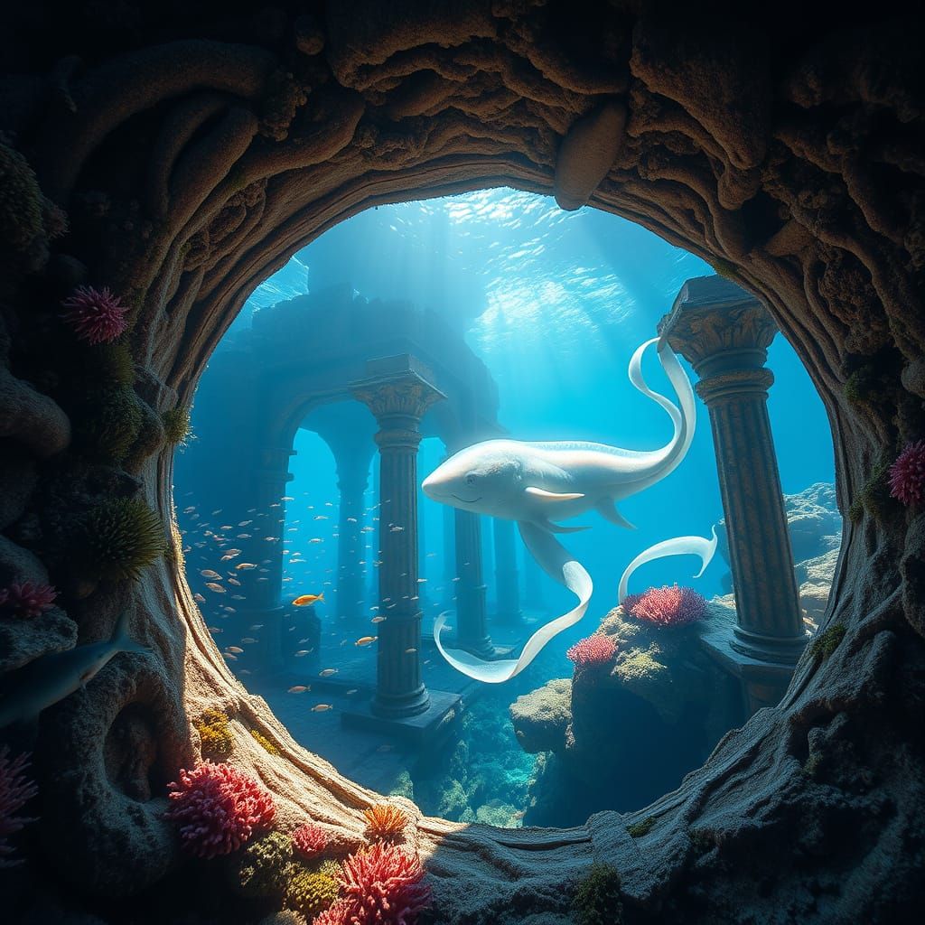 Surreal Underwater Metropolis Window in Dreamlike Colors