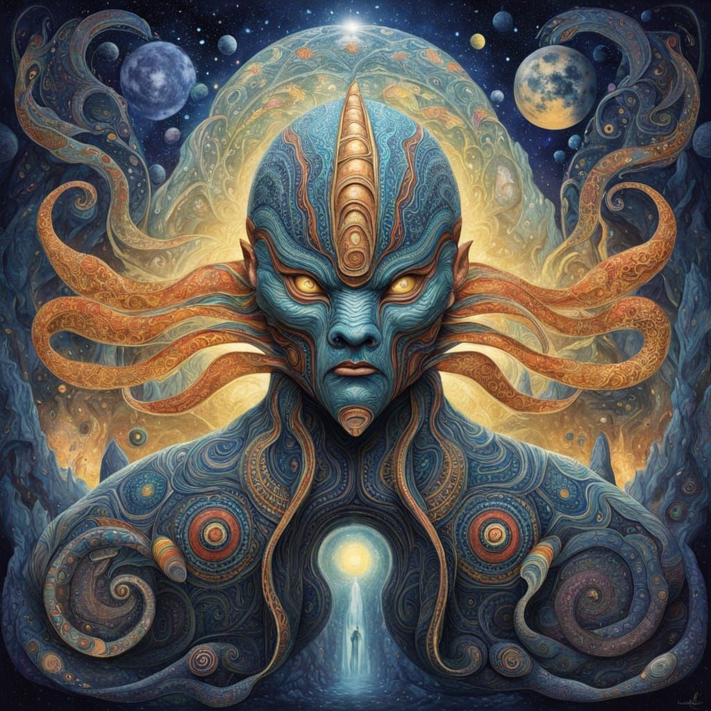 Ethereal Art Deco Beast Soars Through Cosmic Realms